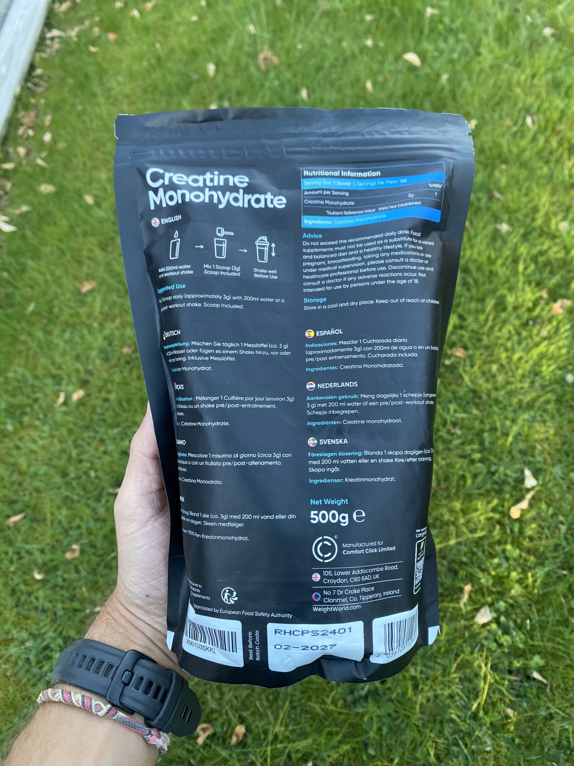 WeightWorld Kreatin Monohydrat - Bagsiden af posen
